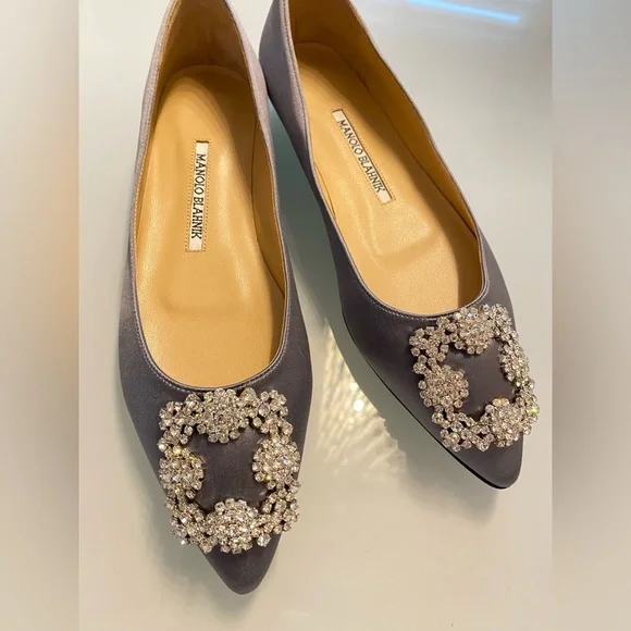 Manolo Blahnik Hangisi Satin Flats – Grey with Crystal Buckle – Size 37 - Picture 3 of 9